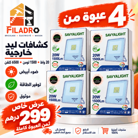 عبوة من 4 كشافات ليد خارجية — 20 واط لكل كشاف، ضوء أبيض بارد