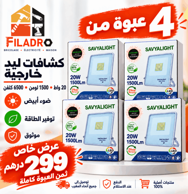 عبوة من 4 كشافات ليد خارجية — 20 واط لكل كشاف، ضوء أبيض بارد